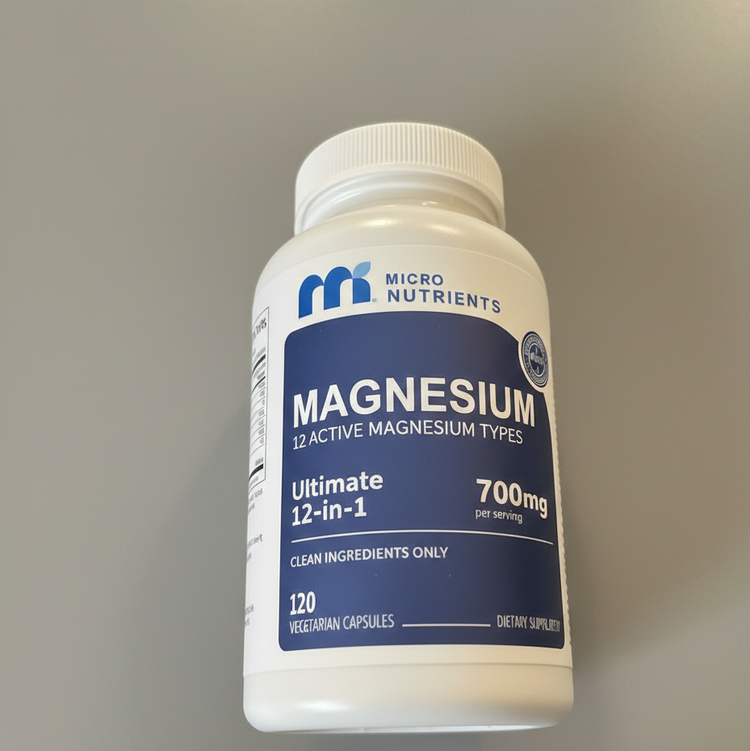 Bottle of Micro Nutrients magnesium supplement on a gray background