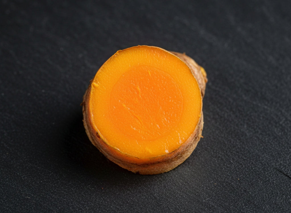 Sliced turmeric arranged in a circular pattern on a white background