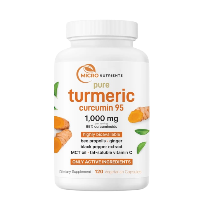 Supplement bottle labeled 'pure turmeric curcumin 95' on a white background