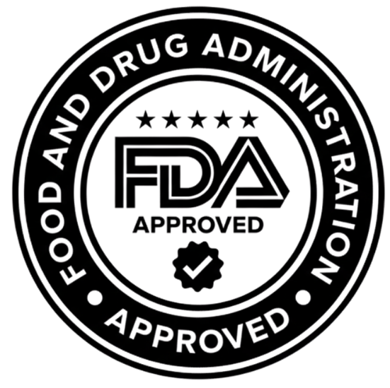 FDA approval logo with text 'Food and Drug Administration' and 'Approved'.