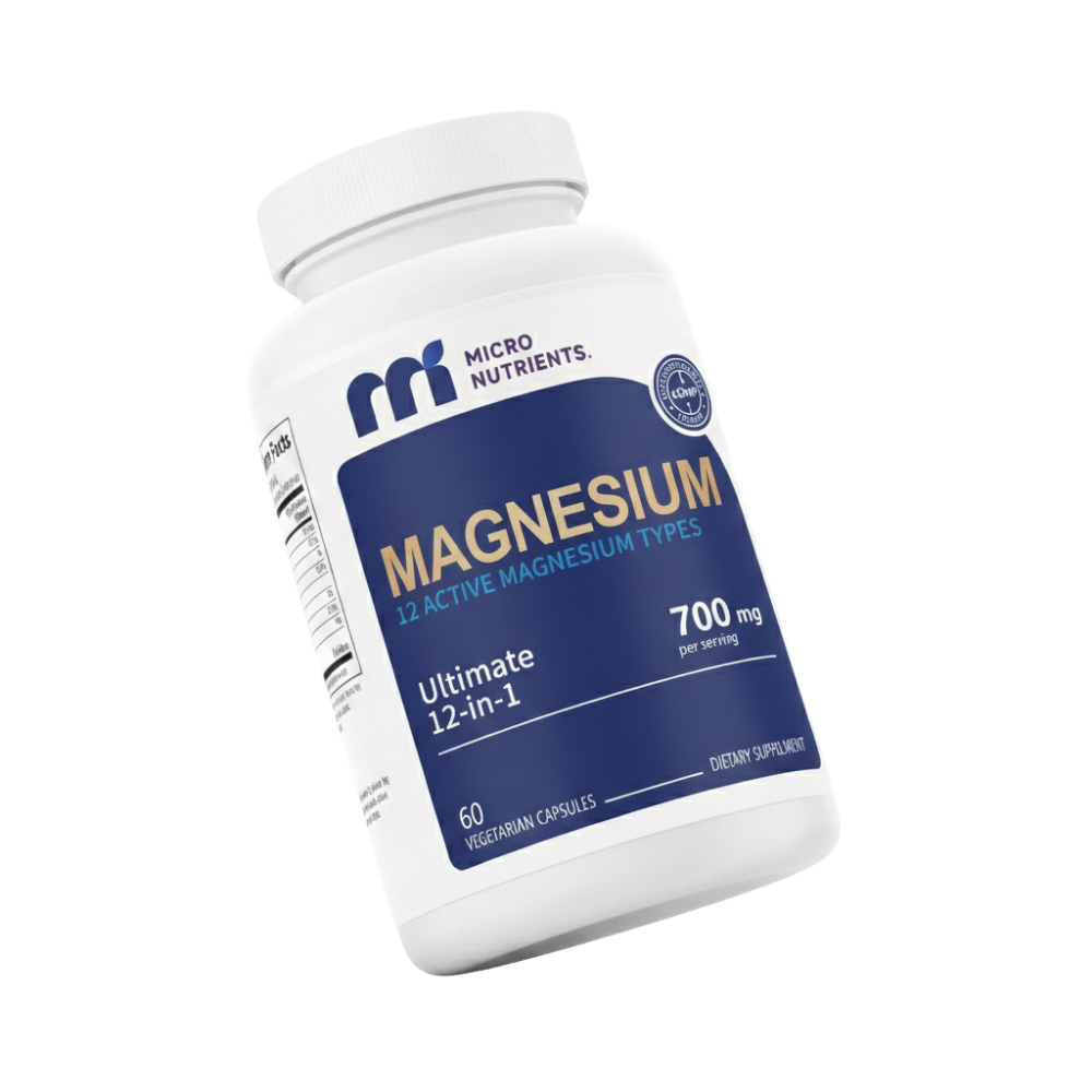 Supplement bottle labeled 'Magnesium' by Micro Nutrients on a white background