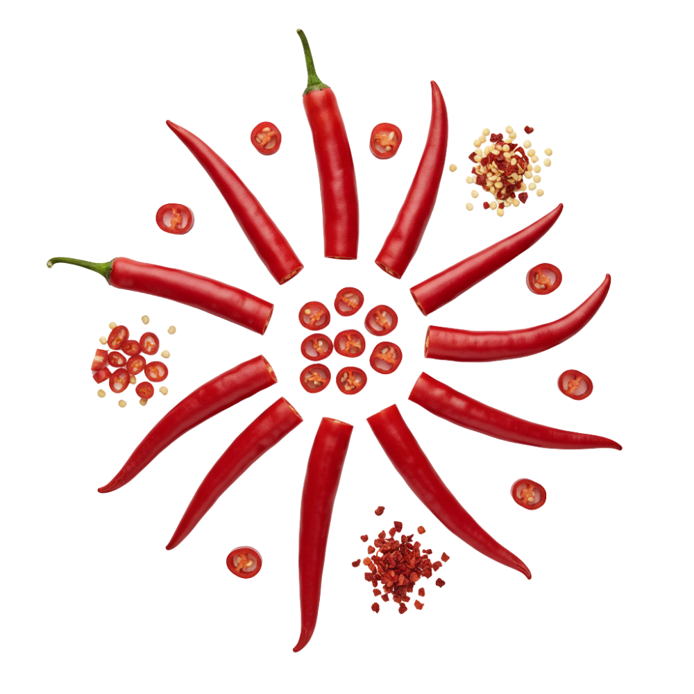 Red chili peppers arranged in a circular pattern with chili flakes on a white background