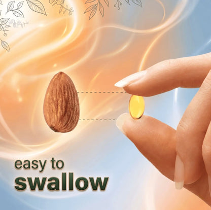 Vitamin supplement next to an almond with text 'easy to swallow' on a light background