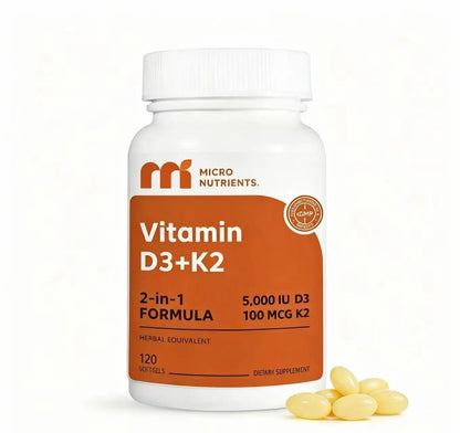 Supplement bottle with vitamin D3 and K2 from micronutrients on a white background