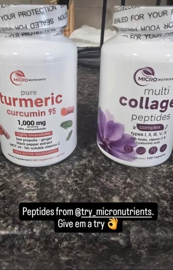Two supplement bottles labeled 'pure turmeric curcumin 95' and 'multi collagen peptides' on a countertop.
