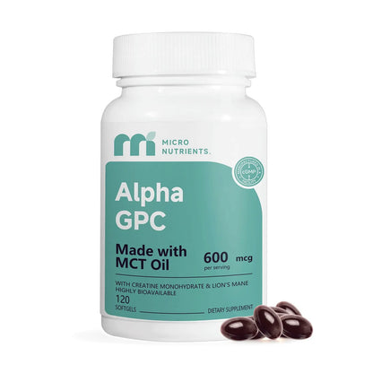 Supplement bottle labeled 'Alpha GPC' by Micro Nutrients on a white background