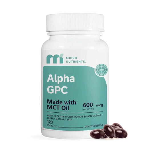 Supplement bottle labeled 'Alpha GPC' by Micro Nutrients on a white background