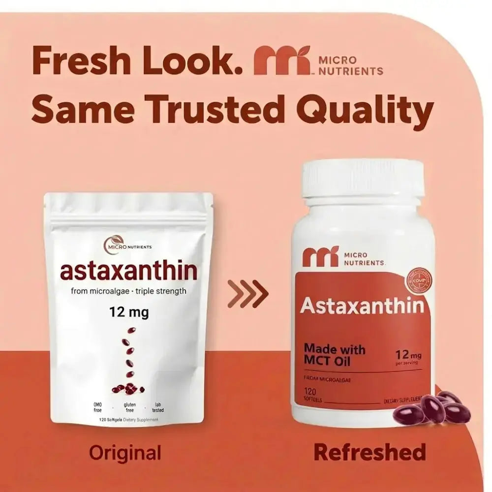 Comparison of 'Original' and 'Refreshed' astaxanthin products by Micro Nutrients on a peach background.
