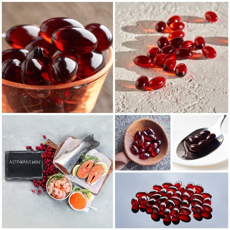 Collage of astaxanthin soft gel capsules, fish, and astaxanthin with a white background