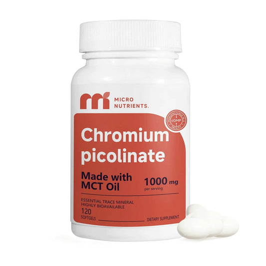 Supplement bottle labeled 'Chromium picolinate' with MCT oil on a white background