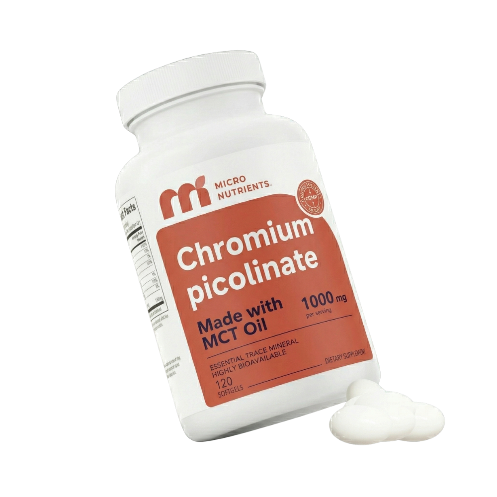 Supplement bottle labeled 'Chromium picolinate' with MCT oil on a white background