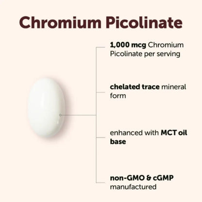 Chromium Picolinate supplement with text detailing its features on a beige background