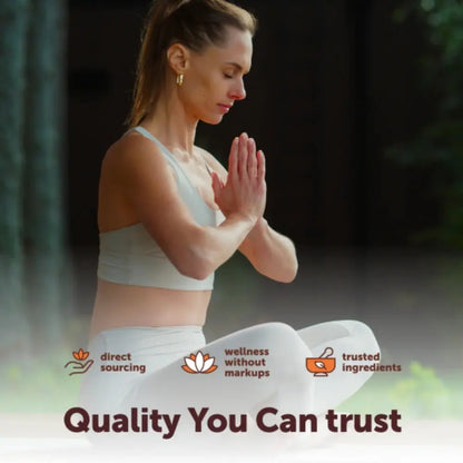 Woman in a yoga pose with a natural background and branding elements.