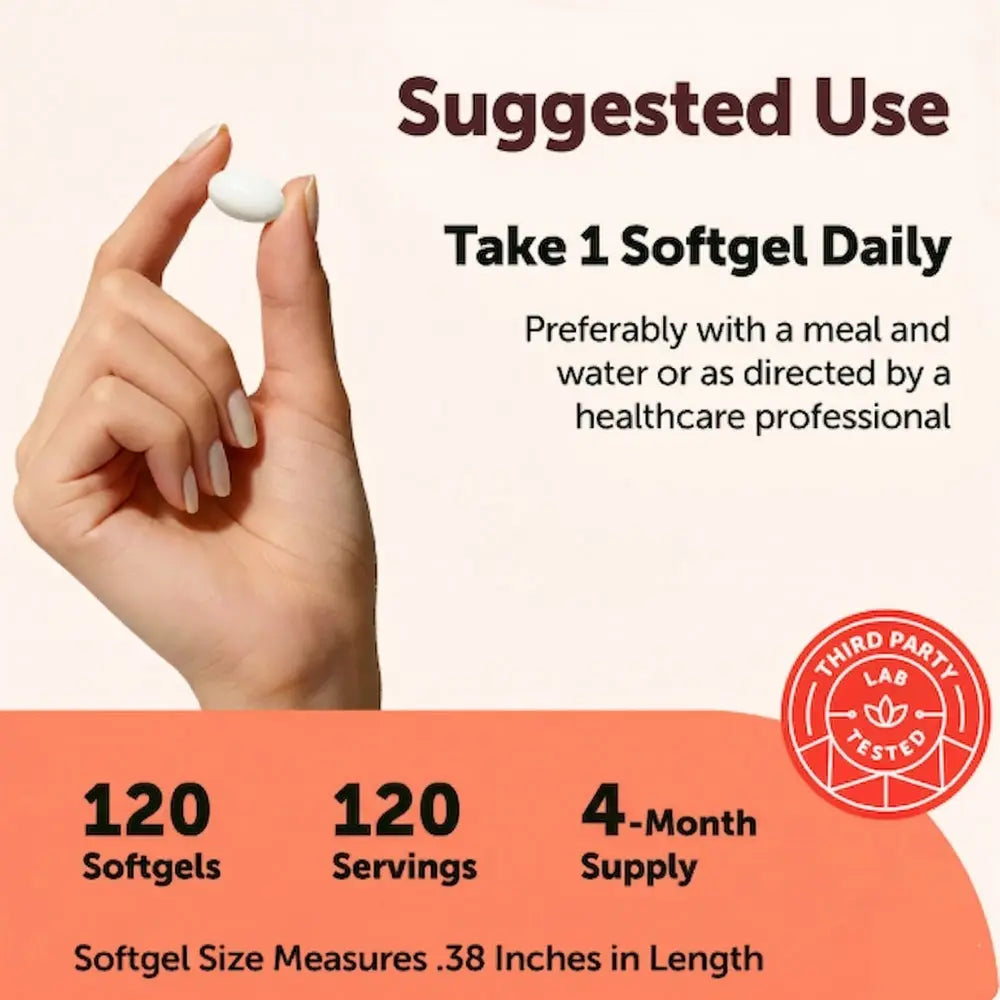 Hand holding a chromium picolinate softgel with suggested use and product details on a beige background