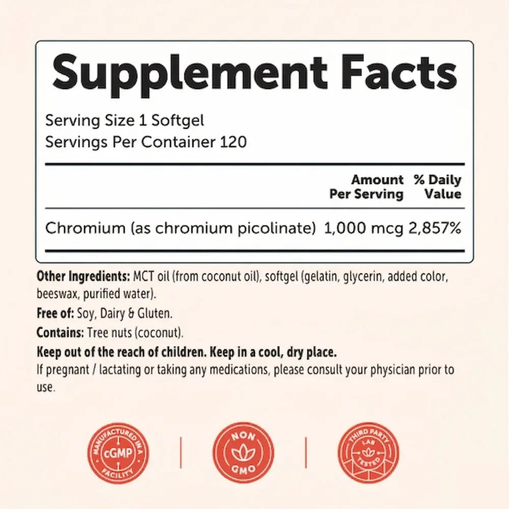 Supplement facts label with chromium content and product details on a beige background