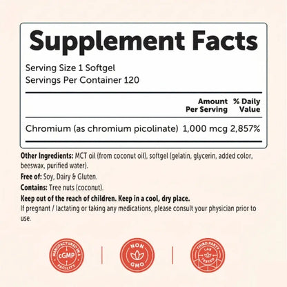 Supplement facts label with chromium content and product details on a beige background