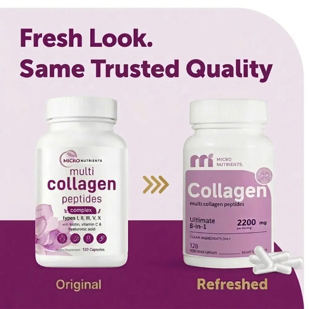 Two bottles of Micro Nutrients Multi Collagen Peptides on a purple background with text about freshness and quality.