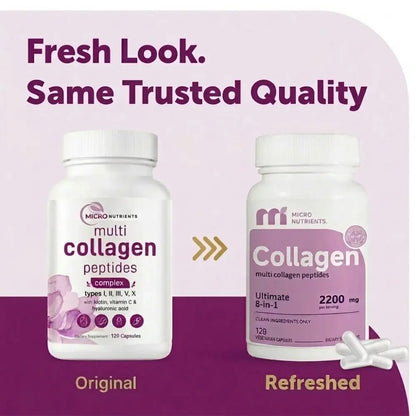 Two bottles of Micro Nutrients Multi Collagen Peptides on a purple background with text about freshness and quality.