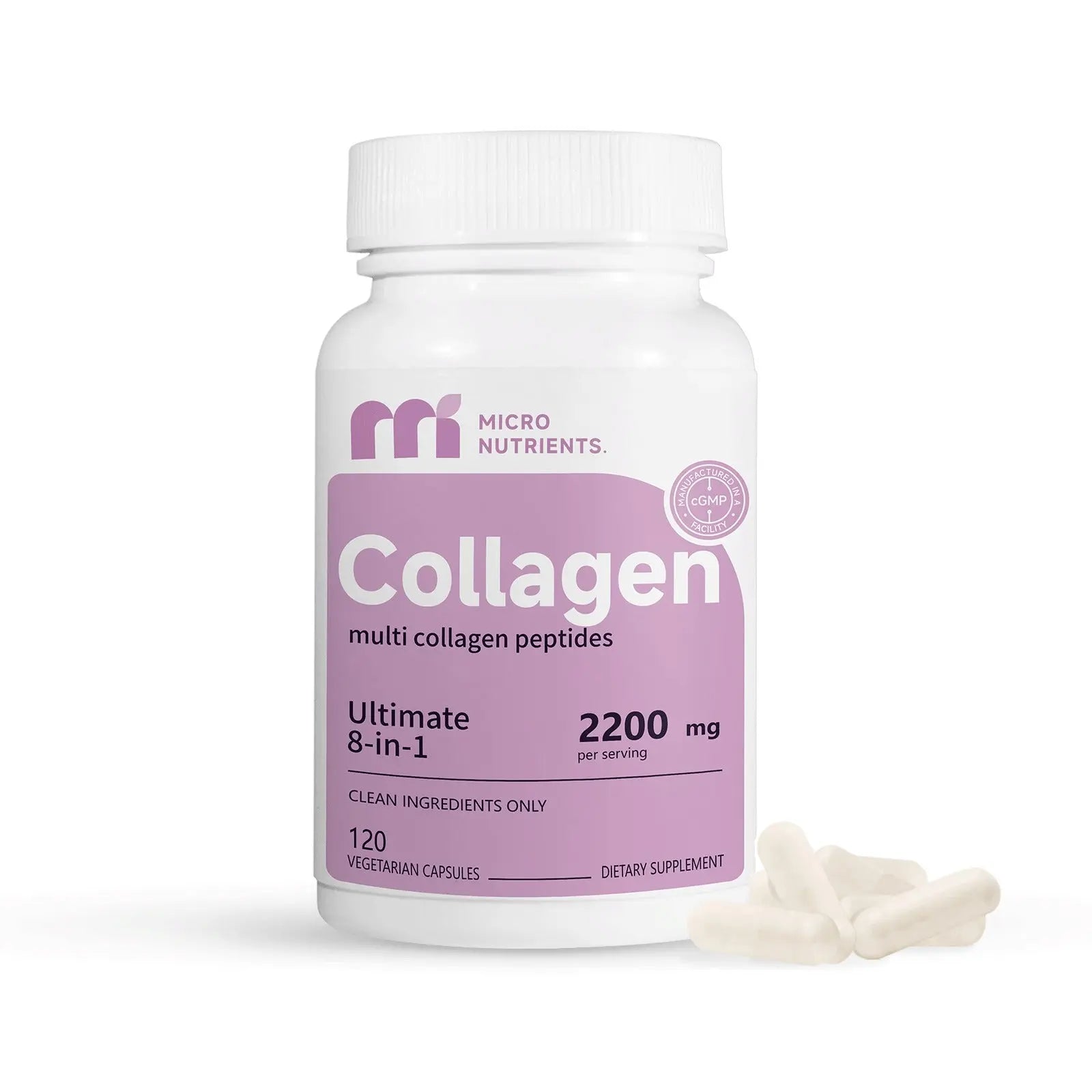 Collagen supplement bottle with purple label on a white background