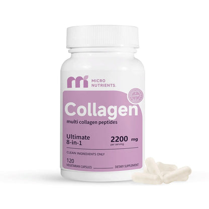 Collagen supplement bottle with purple label on a white background