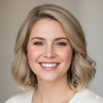 Woman with blonde hair and a neutral background