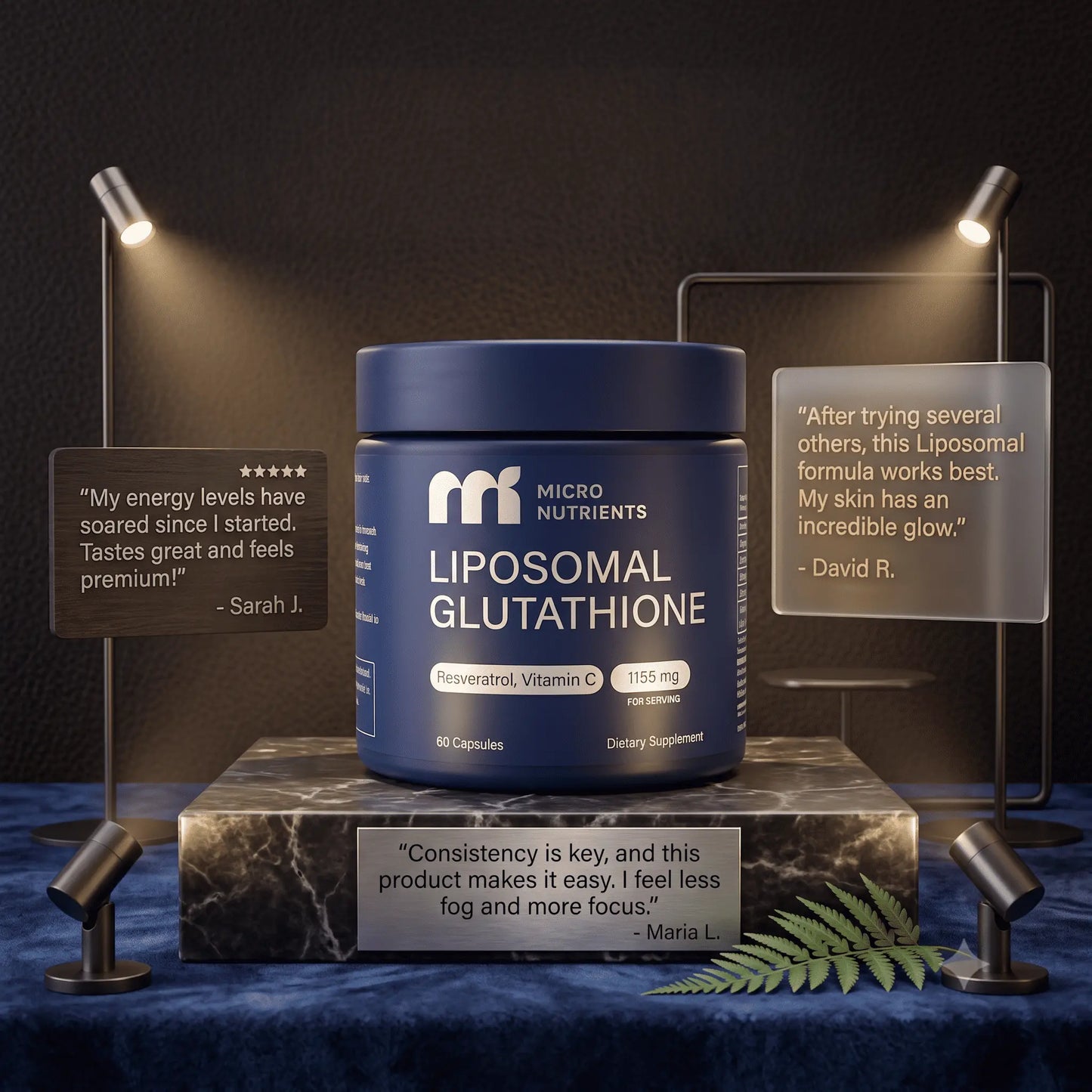 Blue container of Micro Nutrients Liposomal Glutathione on a dark background with customer testimonials.
