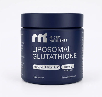 Navy blue supplement jar labeled 'Liposomal Glutathione' by Micro Nutrients on a white background