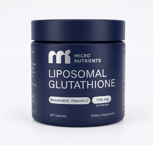 Navy blue supplement jar labeled 'Liposomal Glutathione' by Micro Nutrients on a white background
