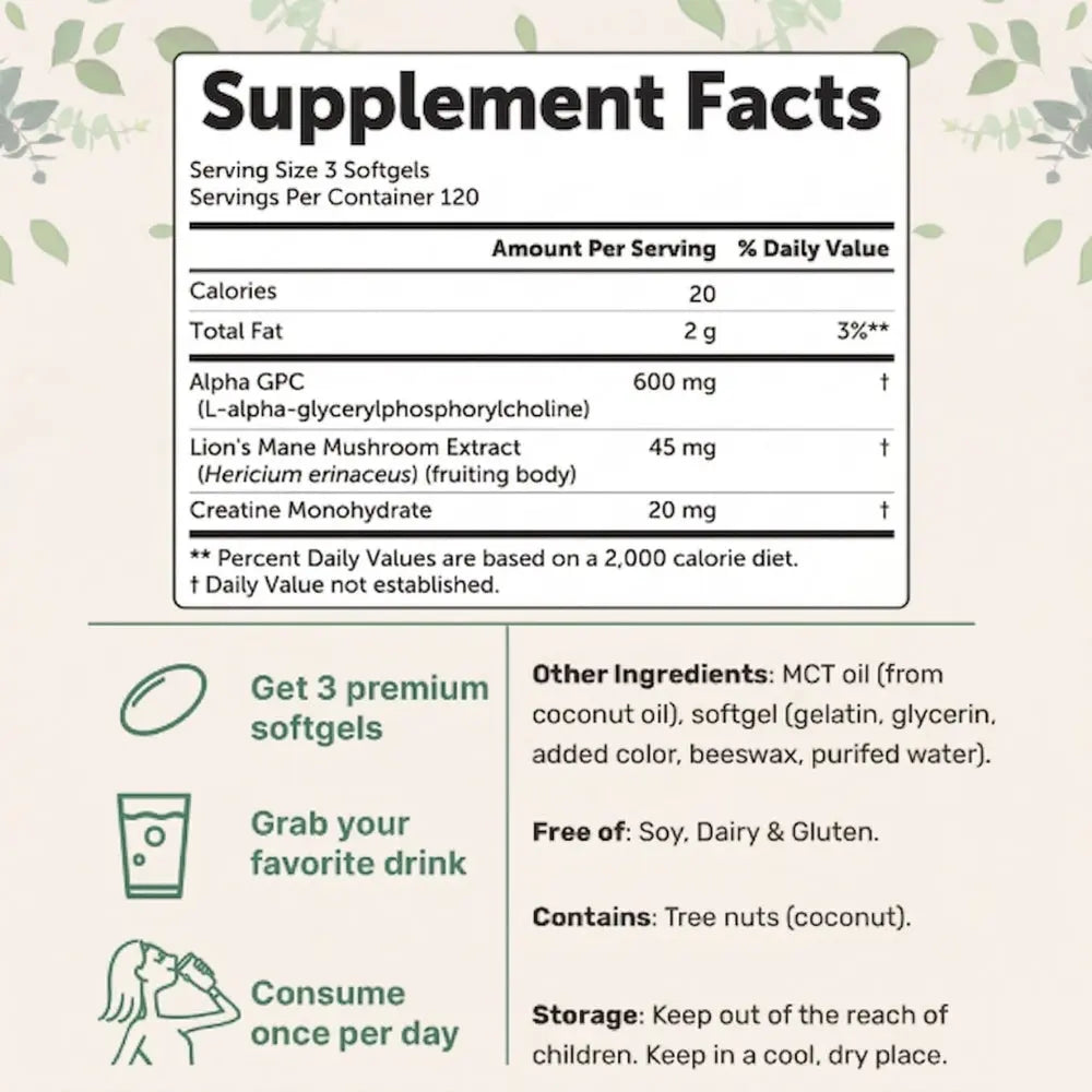 Supplement facts label with nutritional information and usage instructions on a light background.