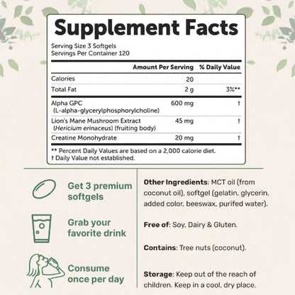 Supplement facts label with nutritional information and usage instructions on a light background.