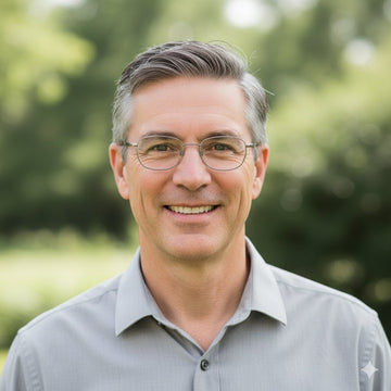 Man wearing glasses and a light gray shirt outdoors with greenery in the background