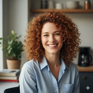 Woman with curly red hair smiling in an indoor setting