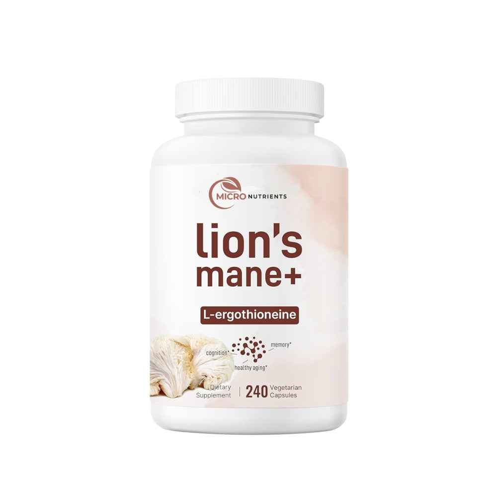 Supplement bottle labeled 'Lion's Mane+' by Micro Nutrients on a white background