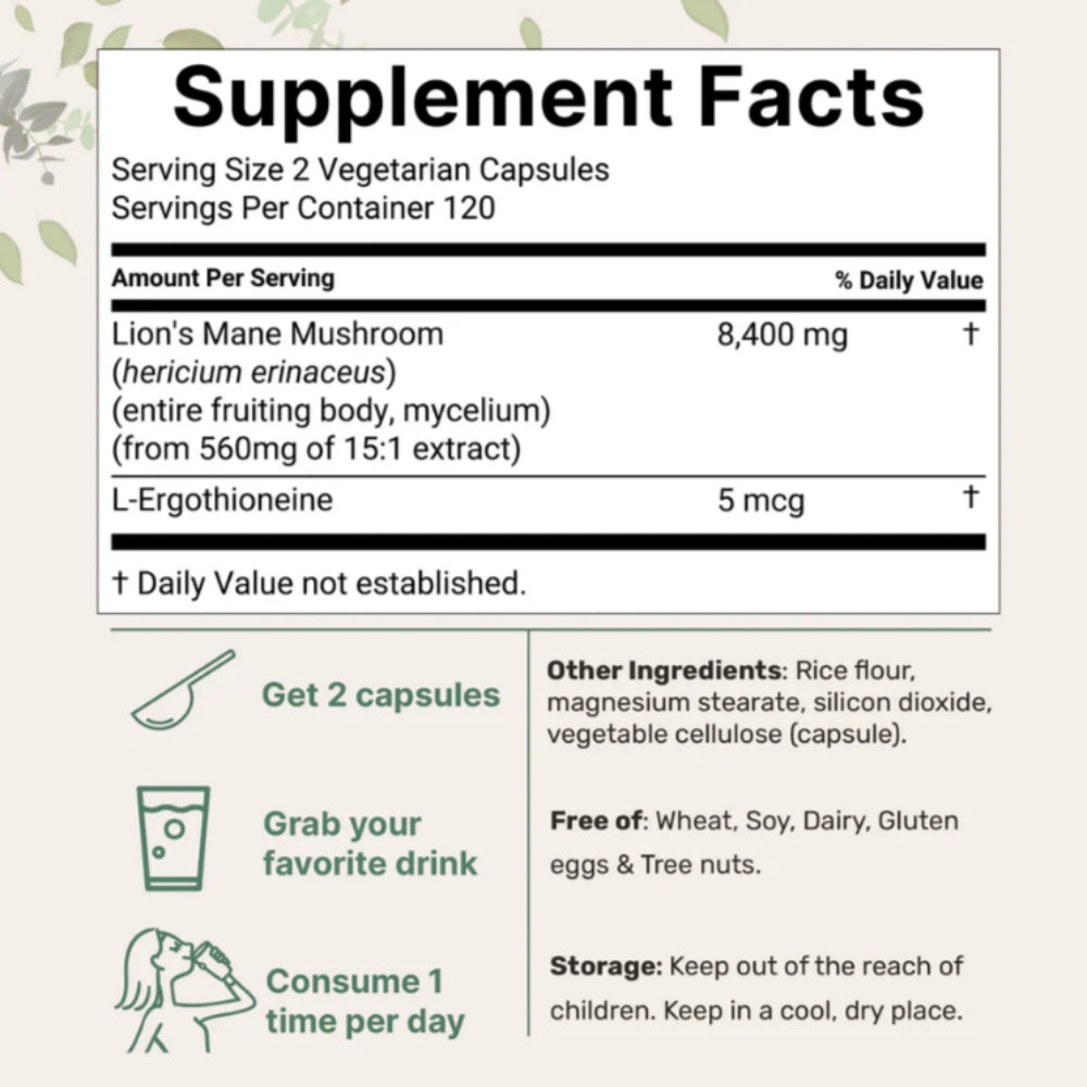 Supplement facts label for a mushroom supplement with serving size and container details.