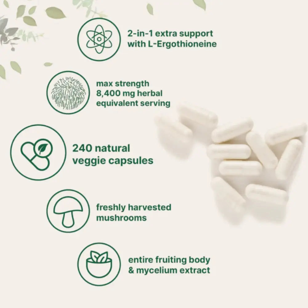 Veggie capsules with health benefits text on a white background