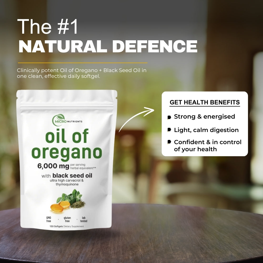 Package of 'oil of oregano' with health benefits text on a blurred background