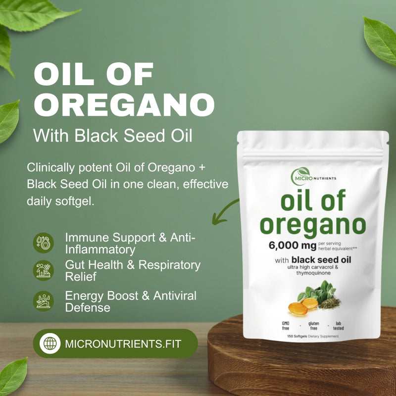 Oil of Oregano supplement package with green leaves on a wooden surface and green background