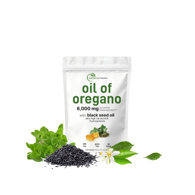 Bag of 'Oil of Oregano' with black seeds, oregano leaves, and thyme on a white background