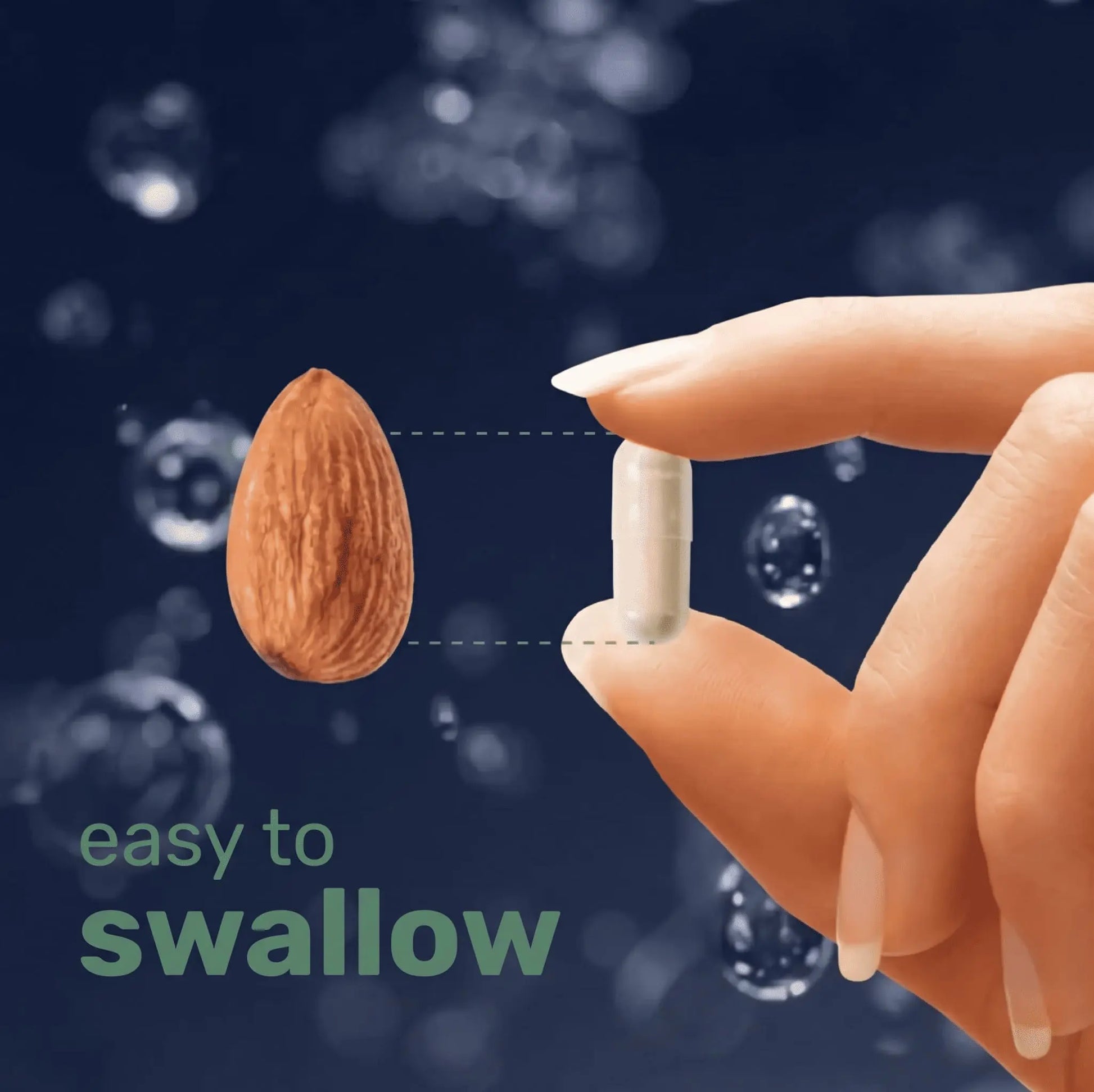 Almond next to a pill with 'easy to swallow' text on a dark background