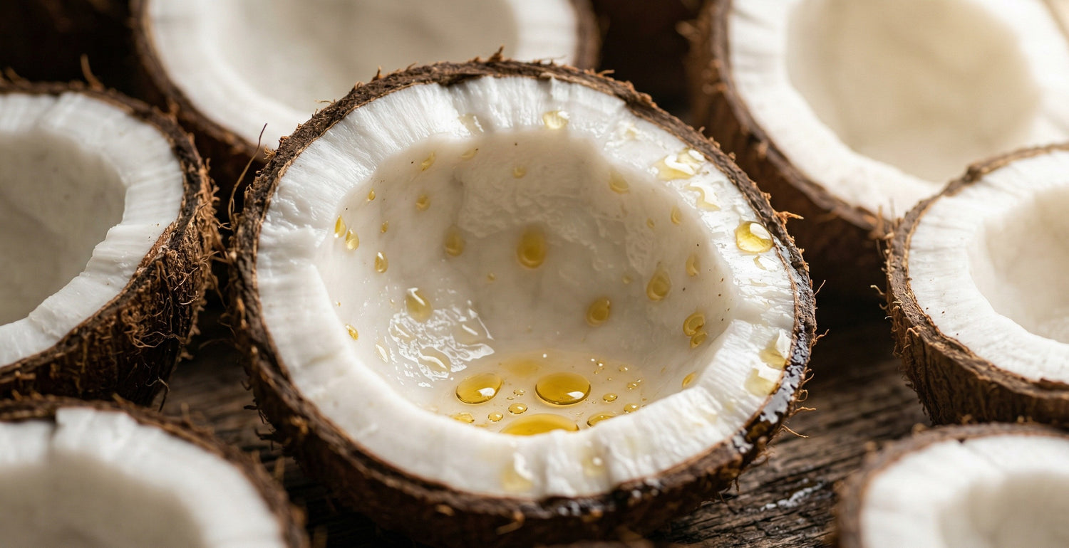 Four coconut halves on a white background