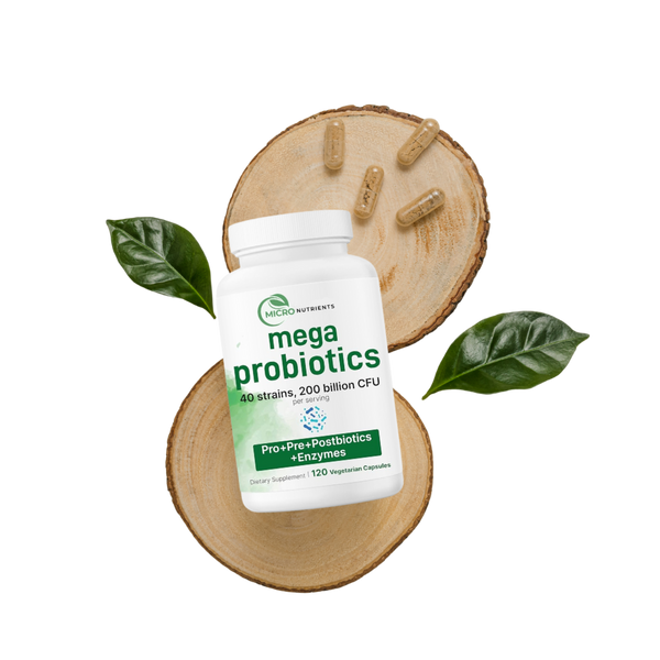 Mega Probiotics supplement bottle on a wooden slice with capsules and leaves.