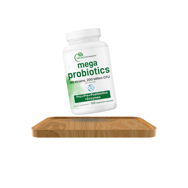 Mega Probiotics supplement bottle on a wooden cutting board with a white background
