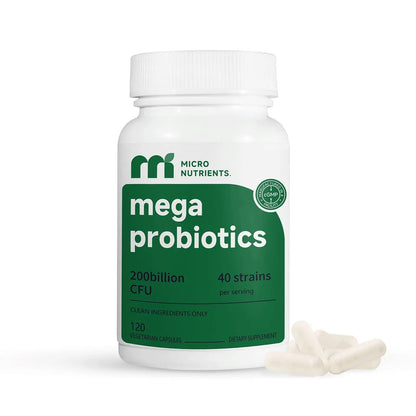 Bottle of Mega Probiotics by Micro Nutrients on a white background