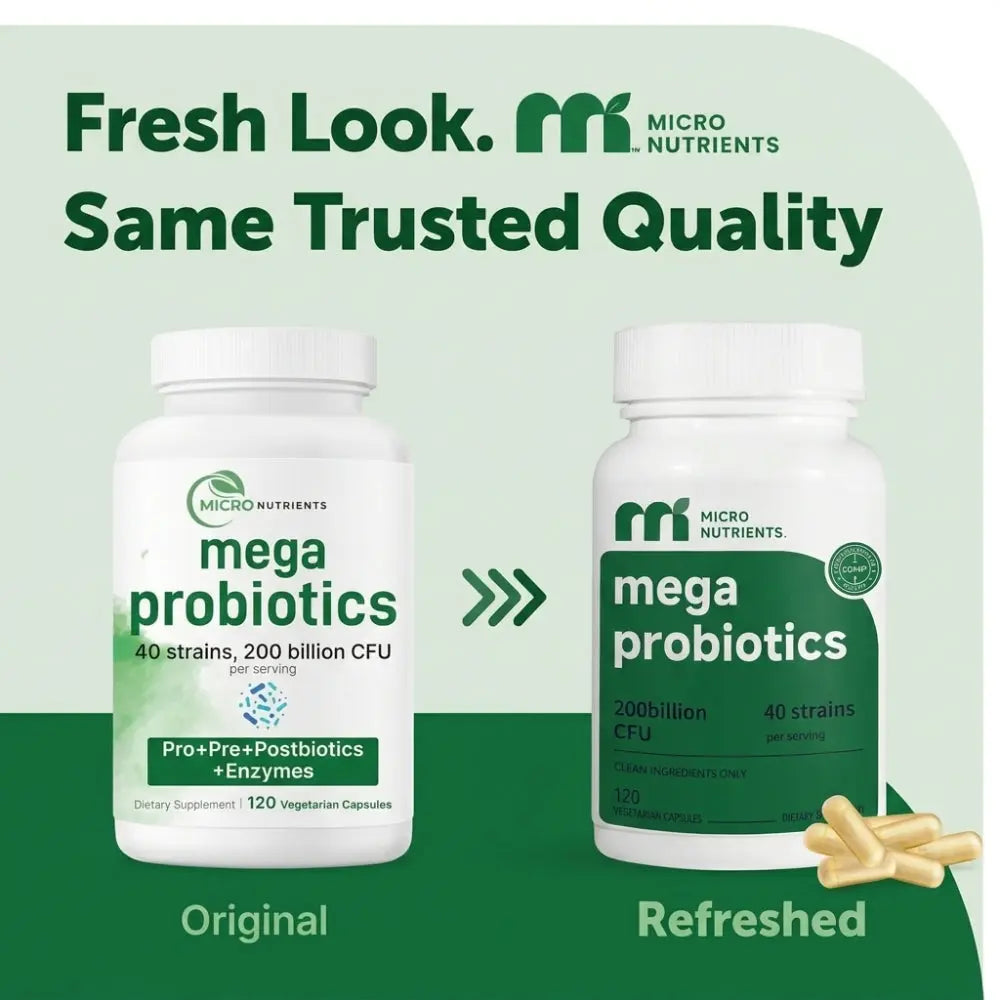 Two bottles of Mega Probiotics by Micro Nutrients on a green background with text about freshness and quality.