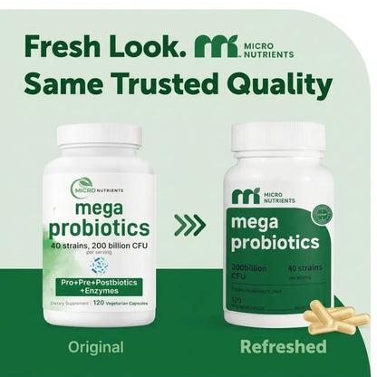 Two bottles of Mega Probiotics by Micro Nutrients on a green background with text about freshness and quality.