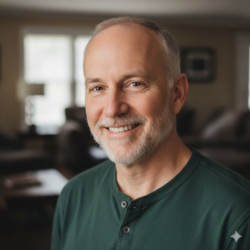Man with a beard wearing a green shirt in an indoor setting