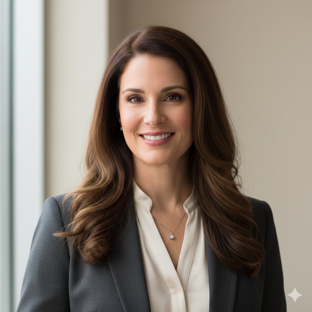 Woman in professional attire smiling in front of a window