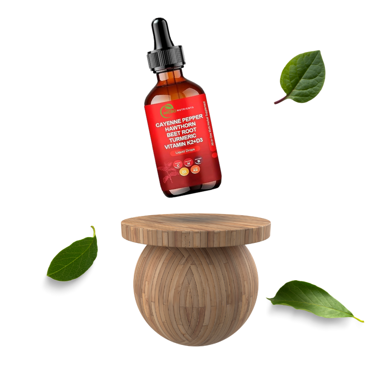 Bottle of cayenne pepper, pimentón, beet root, and other ingredients on a white background with a wooden stool.