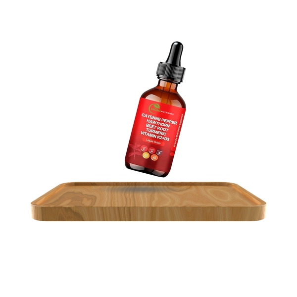 Bottle of GNC cayenne pepper supplement on a wooden tray with a white background