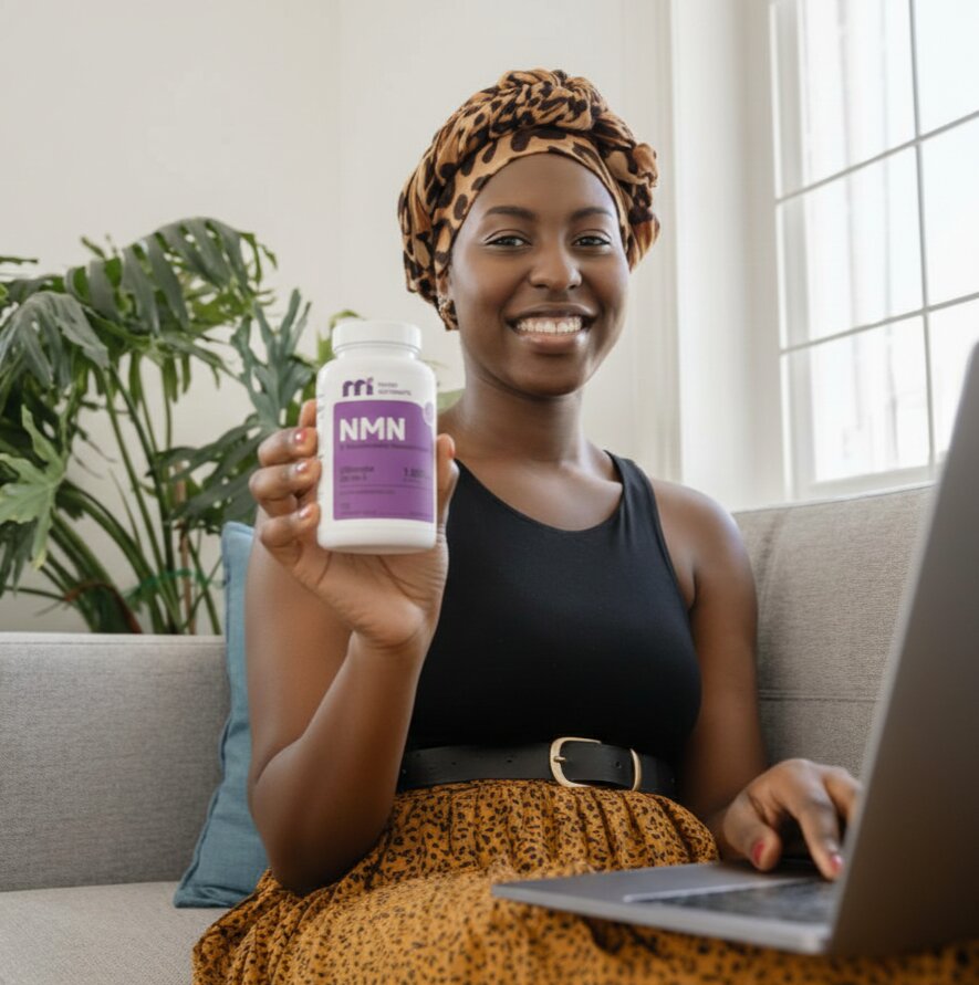 Woman holding a bottle of NMN supplement while using a laptop on a couch.